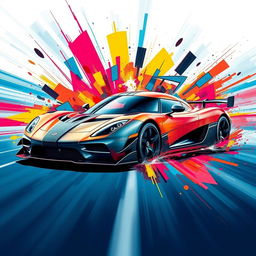 An explosive art piece featuring a Koenigsegg Agera RS, depicted with vibrant colors and dynamic motion