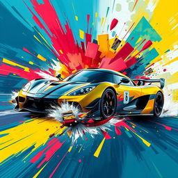 An explosive art piece featuring a Koenigsegg Agera RS, depicted with vibrant colors and dynamic motion