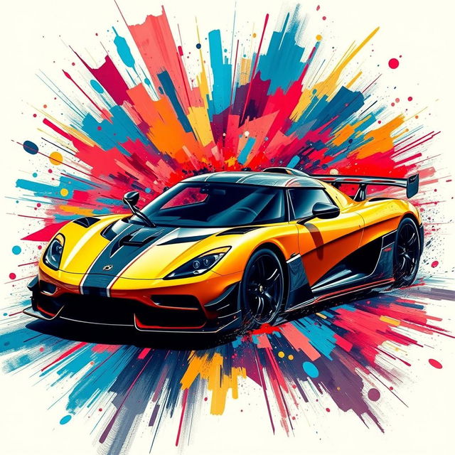 An explosive art piece featuring a Koenigsegg Agera RS, depicted with vibrant colors and dynamic motion