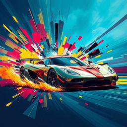 An explosive art piece featuring a Koenigsegg Agera RS, depicted with vibrant colors and dynamic motion