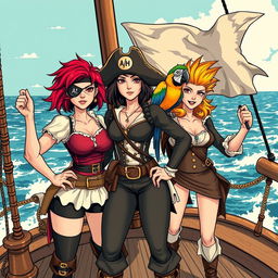 Three fierce yet demure female pirates standing proudly on the deck of a ship at sea, fully clothed in traditional pirate attire that reflects their distinctive personalities