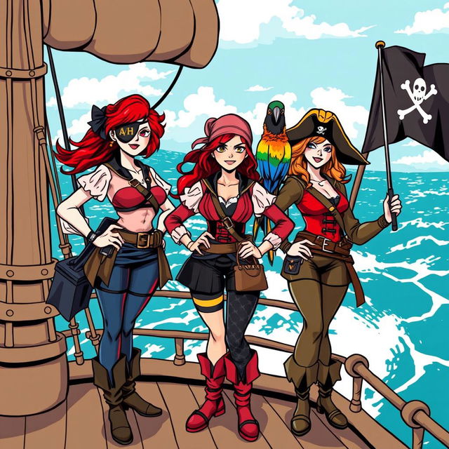 Three fierce yet demure female pirates standing proudly on the deck of a ship at sea, fully clothed in traditional pirate attire that reflects their distinctive personalities