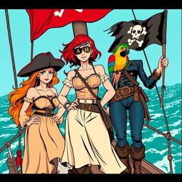 Three fierce yet demure female pirates standing proudly on the deck of a ship at sea, fully clothed in traditional pirate attire that reflects their distinctive personalities
