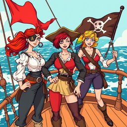 Three fierce yet demure female pirates standing proudly on the deck of a ship at sea, fully clothed in traditional pirate attire that reflects their distinctive personalities