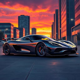 A stunning, hyper-realistic illustration of a Koenigsegg Agera parked in an urban environment at sunset, showcasing the car's sleek lines and aerodynamic design