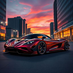 A stunning, hyper-realistic illustration of a Koenigsegg Agera parked in an urban environment at sunset, showcasing the car's sleek lines and aerodynamic design