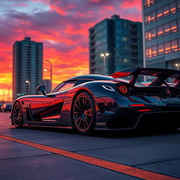 A stunning, hyper-realistic illustration of a Koenigsegg Agera parked in an urban environment at sunset, showcasing the car's sleek lines and aerodynamic design