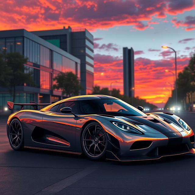 A stunning, hyper-realistic illustration of a Koenigsegg Agera parked in an urban environment at sunset, showcasing the car's sleek lines and aerodynamic design