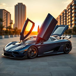 A stunning Koenigsegg Agera supercar with its signature scissor doors wide open, showcasing its sleek and aerodynamic design