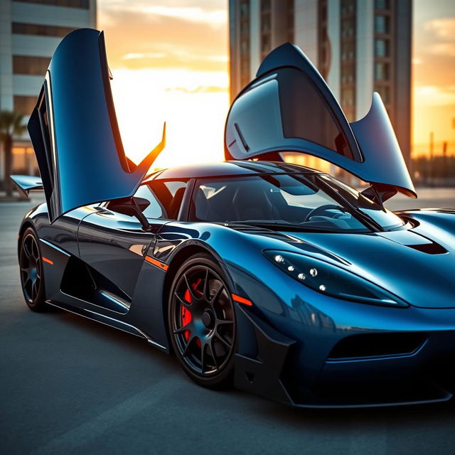 A stunning Koenigsegg Agera supercar with its signature scissor doors wide open, showcasing its sleek and aerodynamic design