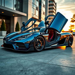A stunning Koenigsegg Agera supercar with its signature scissor doors wide open, showcasing its sleek and aerodynamic design