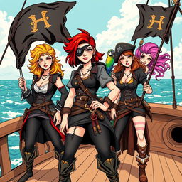 Three fierce yet demure female pirates standing prominently on the deck of a ship at sea, fully clothed in elaborate pirate attire that showcases their individuality