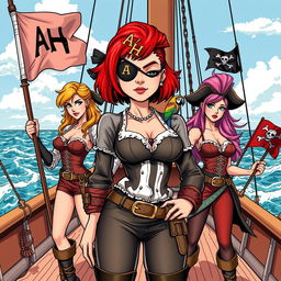 Three fierce yet demure female pirates standing prominently on the deck of a ship at sea, fully clothed in elaborate pirate attire that showcases their individuality