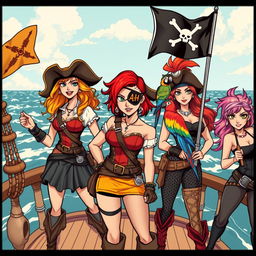 Three fierce yet demure female pirates standing prominently on the deck of a ship at sea, fully clothed in elaborate pirate attire that showcases their individuality