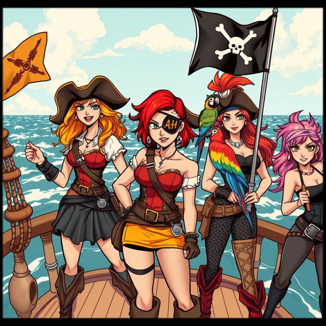 Three fierce yet demure female pirates standing prominently on the deck of a ship at sea, fully clothed in elaborate pirate attire that showcases their individuality