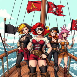 Three fierce yet demure female pirates standing prominently on the deck of a ship at sea, fully clothed in elaborate pirate attire that showcases their individuality