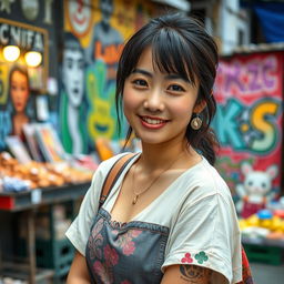 A 25-year-old Japanese woman living in a favela, depicted with a casual yet stylish outfit that blends traditional and modern elements