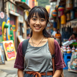 A 25-year-old Japanese woman living in a favela, depicted with a casual yet stylish outfit that blends traditional and modern elements