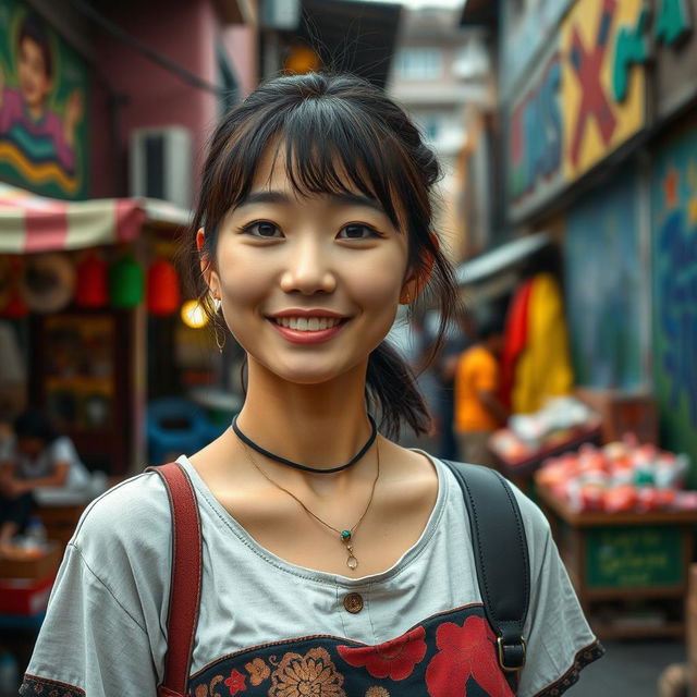 A 25-year-old Japanese woman living in a favela, depicted with a casual yet stylish outfit that blends traditional and modern elements