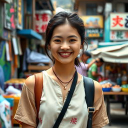 A 25-year-old Japanese woman living in a favela, depicted with a casual yet stylish outfit that blends traditional and modern elements