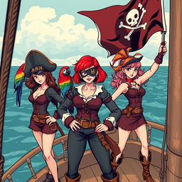 Three fierce yet demure female pirates standing defiantly on the deck of a ship at sea, each fully clad in distinctive pirate attire showcasing their unique styles