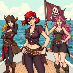 Three fierce yet demure female pirates standing defiantly on the deck of a ship at sea, each fully clad in distinctive pirate attire showcasing their unique styles