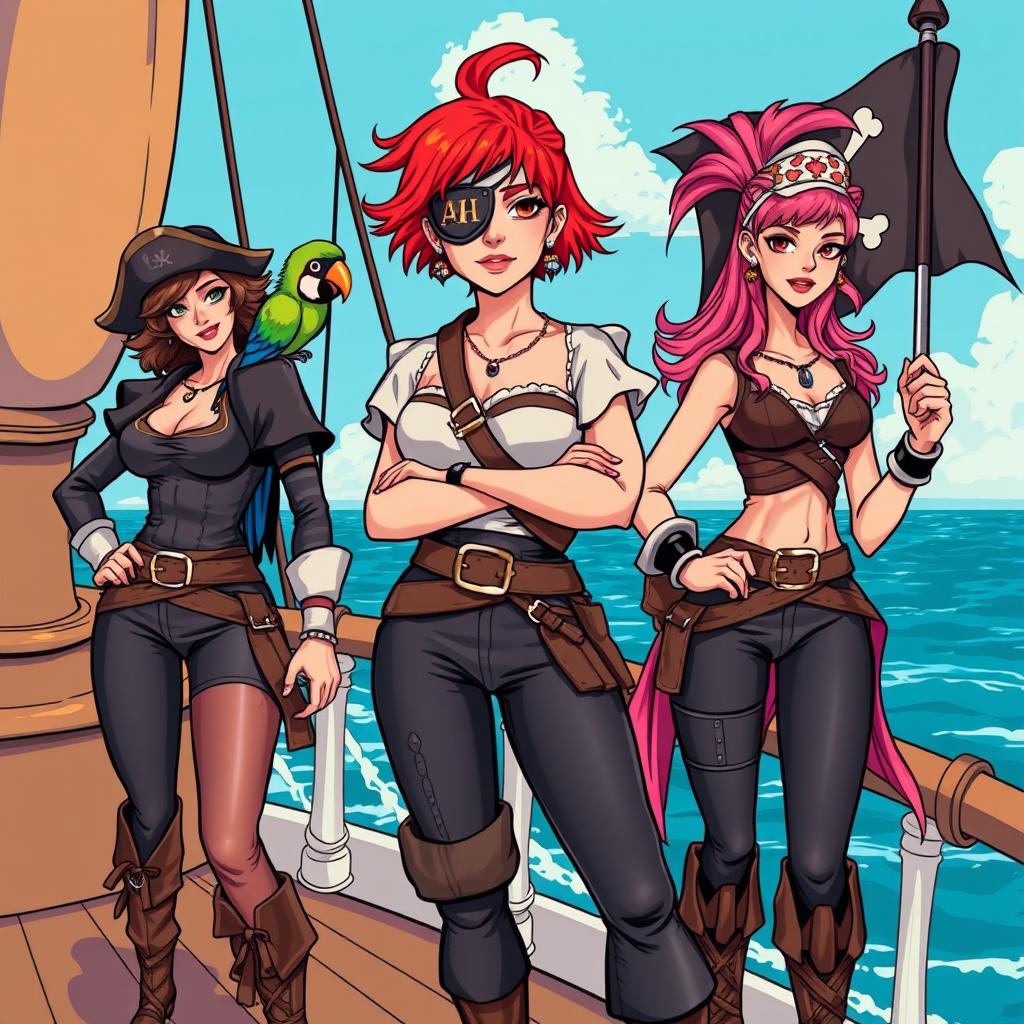 Three fierce yet demure female pirates standing defiantly on the deck of a ship at sea, each fully clad in distinctive pirate attire showcasing their unique styles