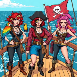 Three fierce yet demure female pirates standing defiantly on the deck of a ship at sea, each fully clad in distinctive pirate attire showcasing their unique styles