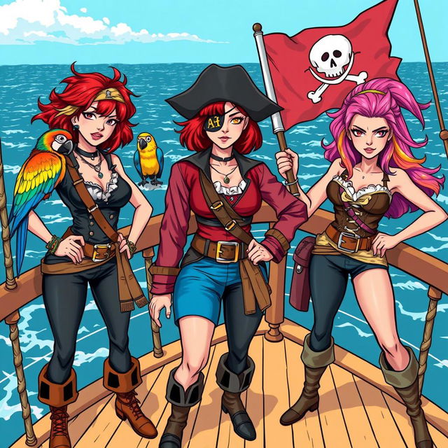 Three fierce yet demure female pirates standing defiantly on the deck of a ship at sea, each fully clad in distinctive pirate attire showcasing their unique styles