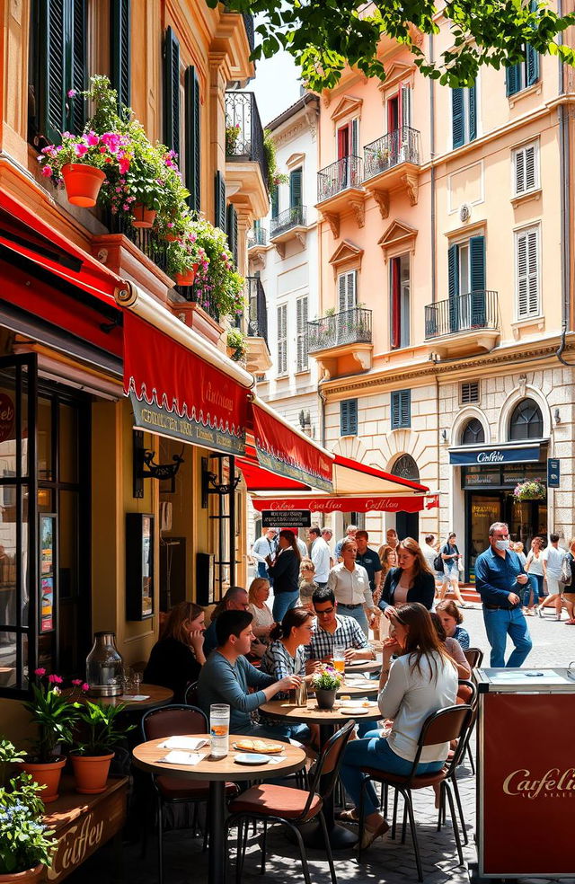 A charming Italian café street scene depicting a lively outdoor terrace with diners enjoying their meals under colorful awnings