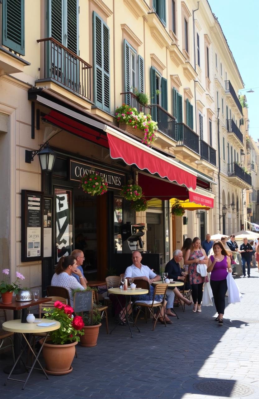 A charming Italian café street scene depicting a lively outdoor terrace with diners enjoying their meals under colorful awnings