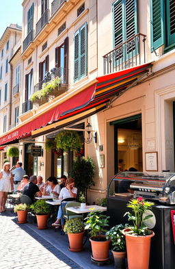A charming Italian café street scene depicting a lively outdoor terrace with diners enjoying their meals under colorful awnings