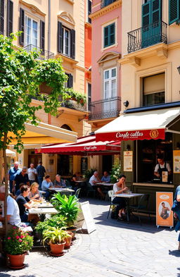 A charming Italian café street scene depicting a lively outdoor terrace with diners enjoying their meals under colorful awnings