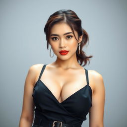 A confident 25-year-old Japanese woman facing the camera with a bold and provocative expression