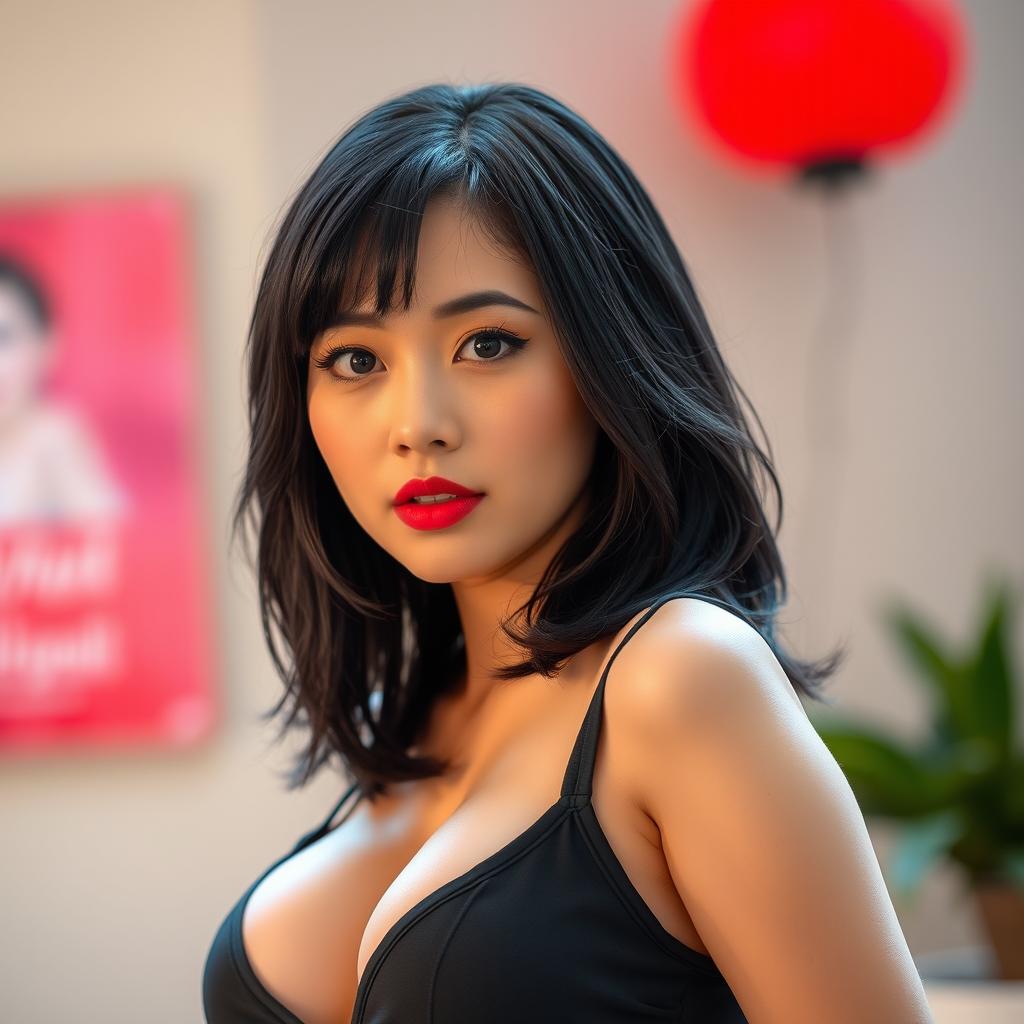 A confident 25-year-old Japanese woman facing the camera with a bold and provocative expression