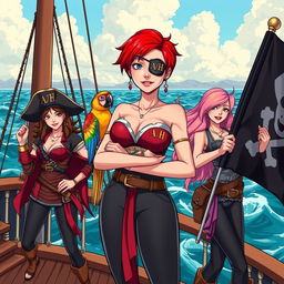 Three fierce yet demure female pirates standing confidently on the deck of a massive ship at sea, fully dressed in stylish pirate attire that reflects their bold personalities