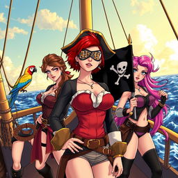 Three fierce yet demure female pirates standing confidently on the deck of a massive ship at sea, fully dressed in stylish pirate attire that reflects their bold personalities