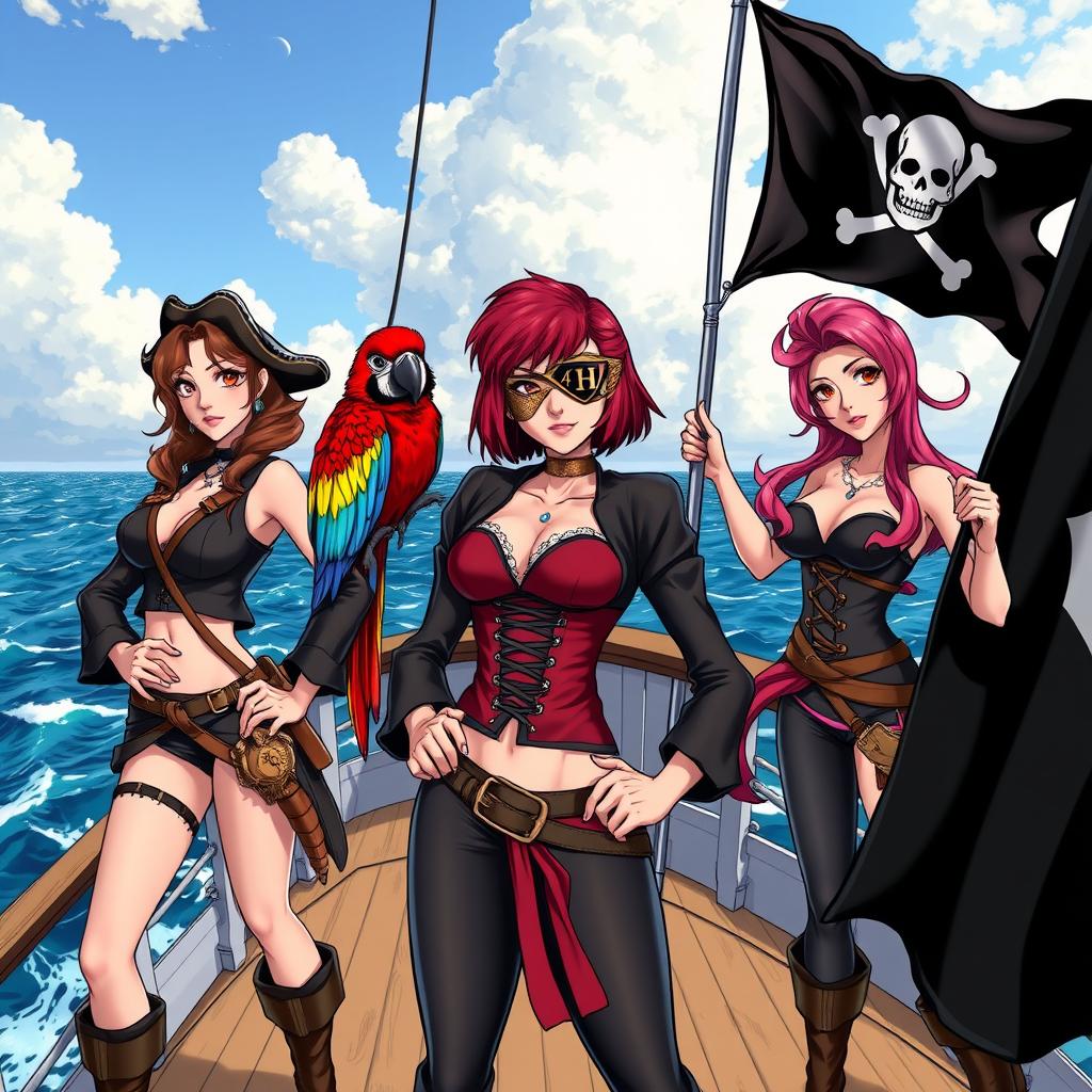 Three fierce yet demure female pirates standing confidently on the deck of a massive ship at sea, fully dressed in stylish pirate attire that reflects their bold personalities