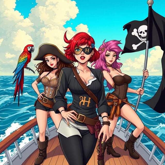 Three fierce yet demure female pirates standing confidently on the deck of a massive ship at sea, fully dressed in stylish pirate attire that reflects their bold personalities