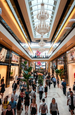 A dazzling shopping mall interior, featuring a vast atrium illuminated by grand chandeliers and sleek lighting