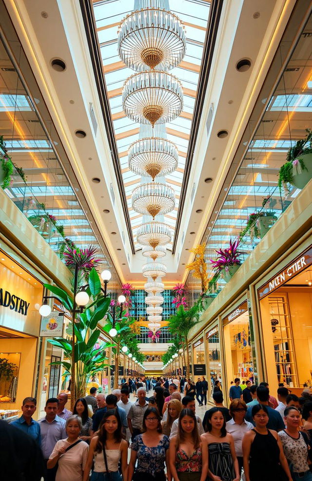 A dazzling shopping mall interior, featuring a vast atrium illuminated by grand chandeliers and sleek lighting