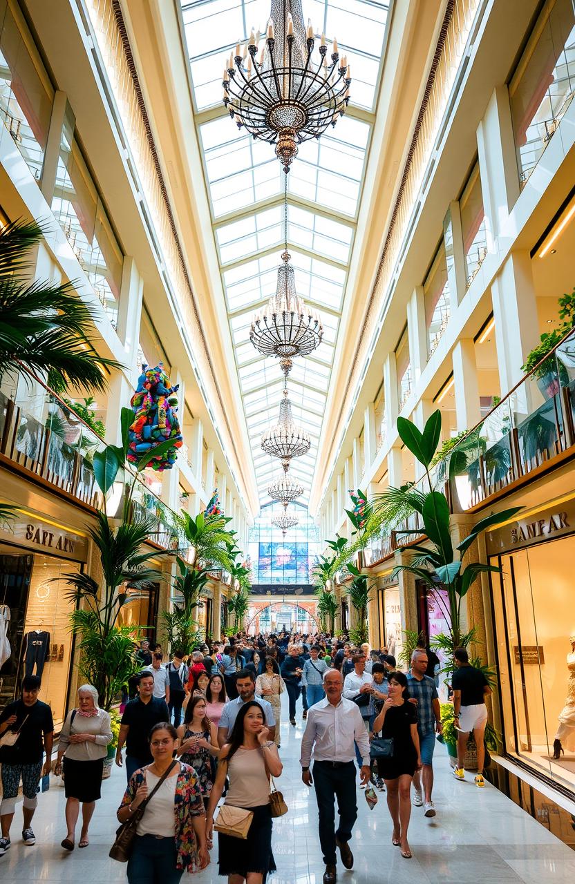 A dazzling shopping mall interior, featuring a vast atrium illuminated by grand chandeliers and sleek lighting