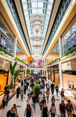 A dazzling shopping mall interior, featuring a vast atrium illuminated by grand chandeliers and sleek lighting