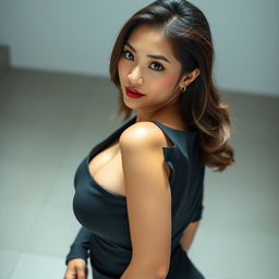An alluring 25-year-old Japanese woman, confidently facing the camera with a provocative expression