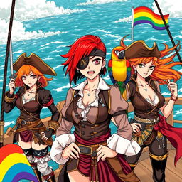 Three fierce and angry female pirates standing defiantly on the deck of a ship at sea, fully dressed in intricately designed pirate attire that showcases their bold personalities