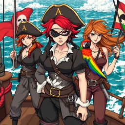 Three fierce and angry female pirates standing defiantly on the deck of a ship at sea, fully dressed in intricately designed pirate attire that showcases their bold personalities