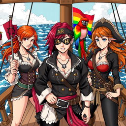 Three fierce and angry female pirates standing defiantly on the deck of a ship at sea, fully dressed in intricately designed pirate attire that showcases their bold personalities
