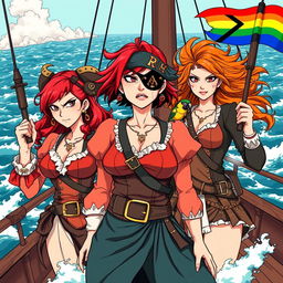 Three fierce and angry female pirates standing defiantly on the deck of a ship at sea, fully dressed in intricately designed pirate attire that showcases their bold personalities
