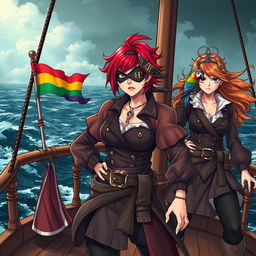 Three fierce and angry female pirates standing resolutely on the deck of a ship at sea, fully dressed in elaborate pirate attire that reflects their bold personalities
