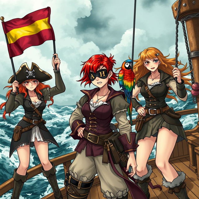 Three fierce and angry female pirates standing resolutely on the deck of a ship at sea, fully dressed in elaborate pirate attire that reflects their bold personalities